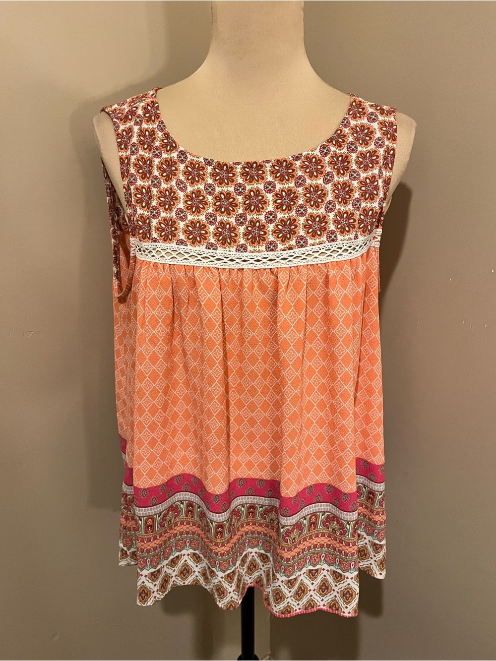 Fig & Flower Sleeveless Orange Printed Peasant Top - Boho Summer Style, Large